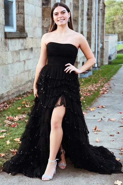 Black Tulle Strapless Ruffle Beaded Long Prom Dress with Slit VK23110903