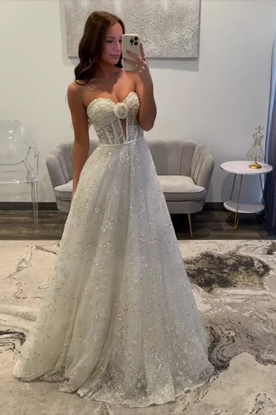 Sparkly White Sequins Long A Line Sweetheart Prom Dress VK022502