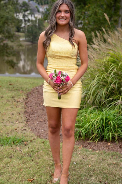 Cute Bodycon One Shoulder Yellow Satin Short Homecoming Dresses VK24100206
