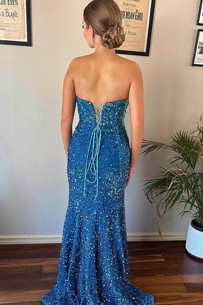 Mermaid Strapless Blue Sequins Long Prom Dresses VK24021803