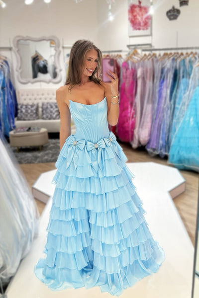 A Line Scoop Neck Light BlueTiered Chiffon Prom Dress with Bow VK111002