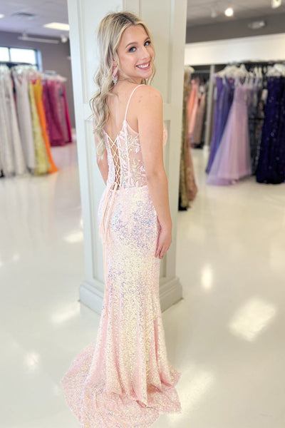 Pink V Neck Spaghetti Straps Sequins Long Prom Dresses with Slit VK23091507