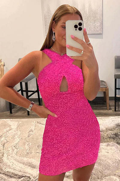 Sparkly Bodycon Halter Neck Backless Red Sequins Homecoming Dress VK23082812