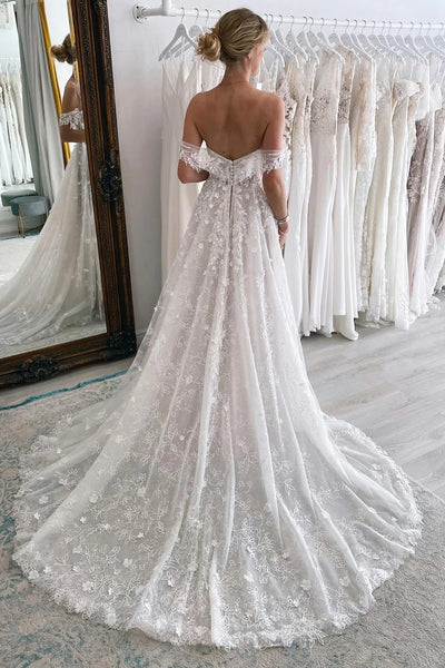 Boho A-Line Off the Shoulder Lace Wedding Dresses VK23082705