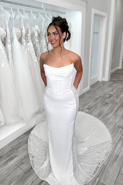 Romantic Mermaid Scoop Neck Long Elastic Satin Wedding Dress with Beading VK25052608