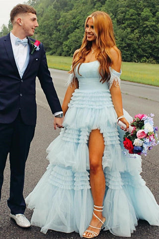 Blue Feather Cold-Shoulder Tiered Long Prom Dress with Ruffles VK23093006