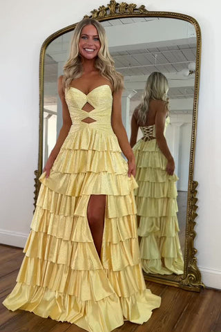 Gorgeous A Line V Neck Daffodil Tiered Long Prom Dress with Rhinestones VK102708