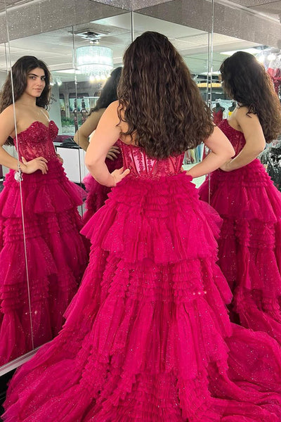 Hot Pink Sweetheart Tiered Tulle Long Prom Dresses with Appliques VK23121102