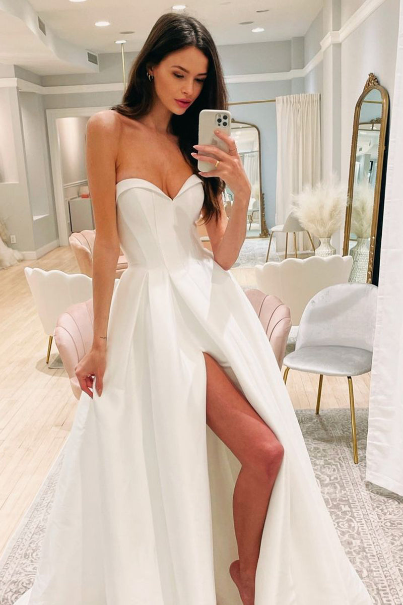 Simple A-Line Sweetheart White Satin Wedding Dresses with Slit VK23090602
