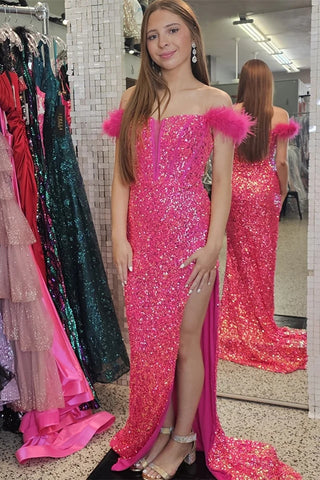 Hot Pink Feathered Off-Shoulder Mermaid Sequins Long Prom Dress with Slit VK23120904