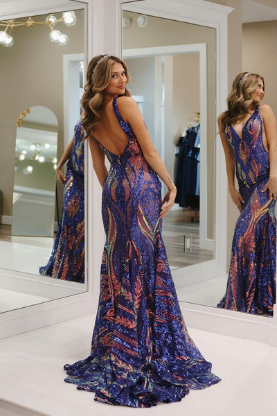 Purple V Neck Neck Sequin Lace Mermaid Long Prom Dress VK23102406