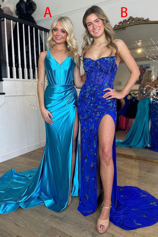 Royal Blue Strapless Sequins Appliques Mermaid Long Prom Dress VK24030605