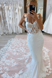 Mermaid Sweetheart Floral Straps Satin Wedding Dresses with Appliques VK23120207