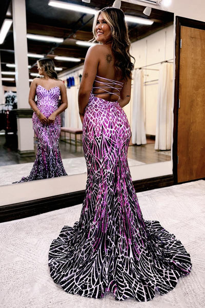 Purple Strapless Sequins Mermaid Long Prom Dresses VK24050703