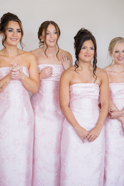 Cute Sheath Light Pink Jacquard Satin Long Bridesmaid Dresses with Big Bow VK26102909