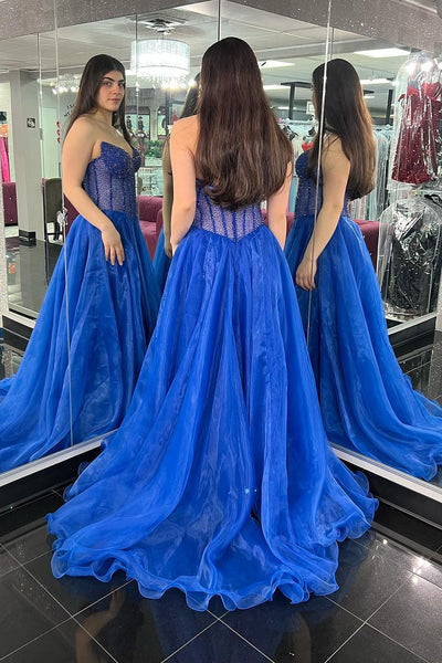 Royal Blue Strapless Organza Long Prom Dresses with Beading VK24022704