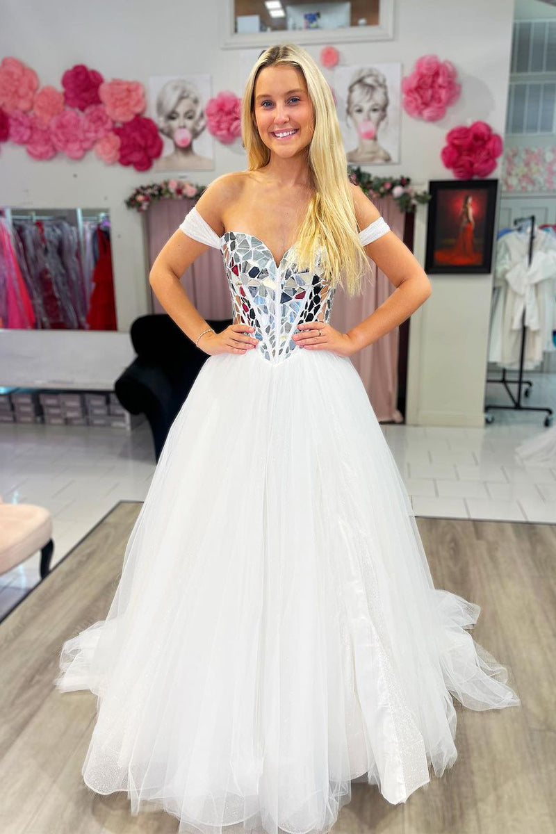 Romantic A-Line Off the Shoulder White Tulle Prom Dresses with Beading VK23081906