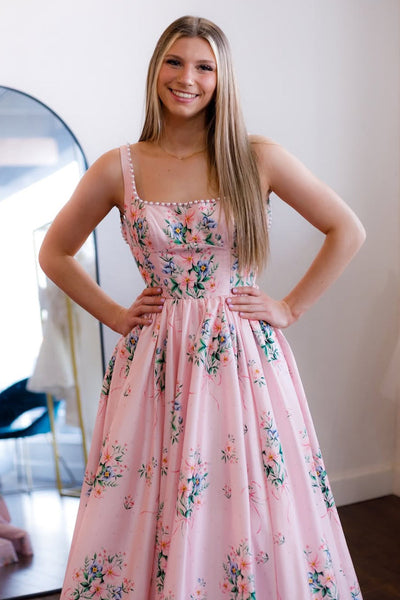 Cute A Line Square Neck Pink Floral Satin Prom Dress