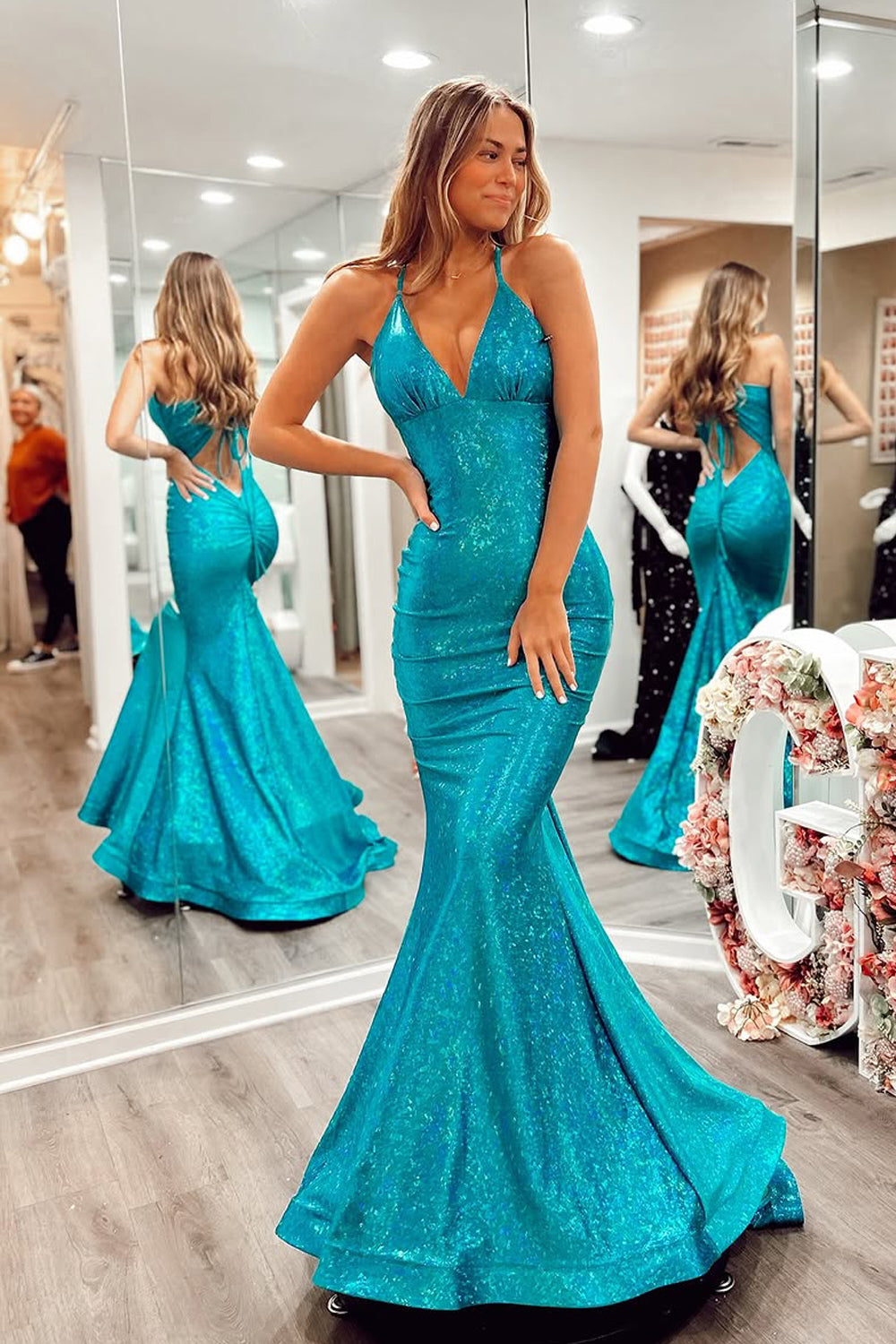 Mermaid Halter Blue Sequins Long Prom Dresses VK25031109