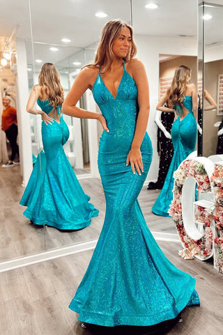 Mermaid Halter Blue Sequins Long Prom Dresses VK25031109