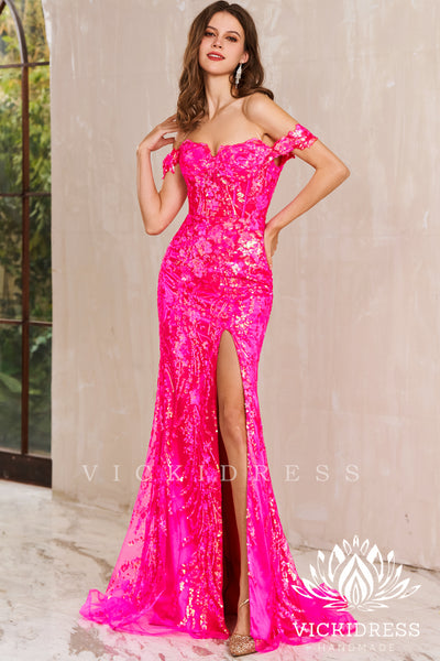 Fuchsia Off the Shoulder Sequins Lace Mermaid Prom Dresses with Slit VK24010722