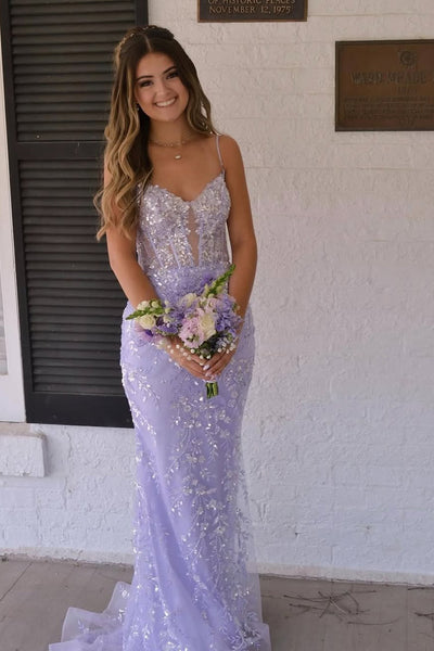 Charming Mermaid V Neck Lavender Sequins Long Prom Dress VK2505302