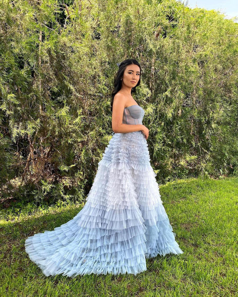 A-Line Sweetheart Tiered Ruffled Tulle Long Prom Dresses VK23103105