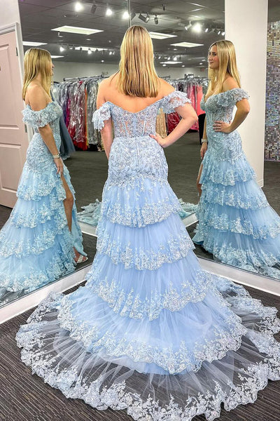 Light Blue Off the Shoulder Ruffle Tiered Tulle Long Prom Dresses with Slit VK24032803