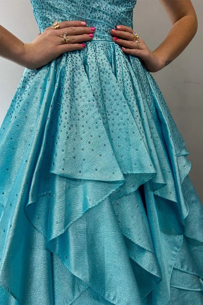 Aqua Blue Beaded Multi-Layer Ruffle Satin Long Prom Dress VK24011303