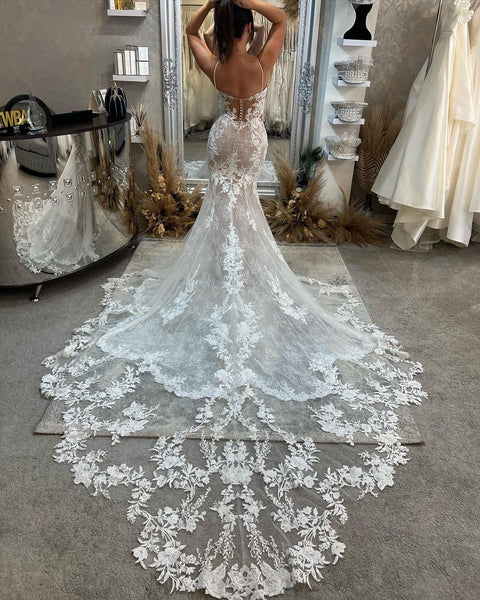 Elegant Mermaid Scoop Neck Lace Wedding Dresses VK23052006