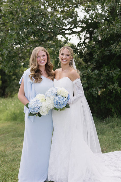 Sheath One Shoulder Bow Blue Chiffon Long Bridesmaid Dresses with Slit VK26081507