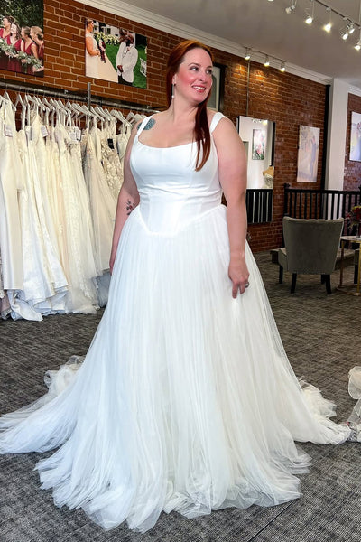 A-Line Scoop Neck Satin Tulle Plus Size Wedding Dress VK26081003