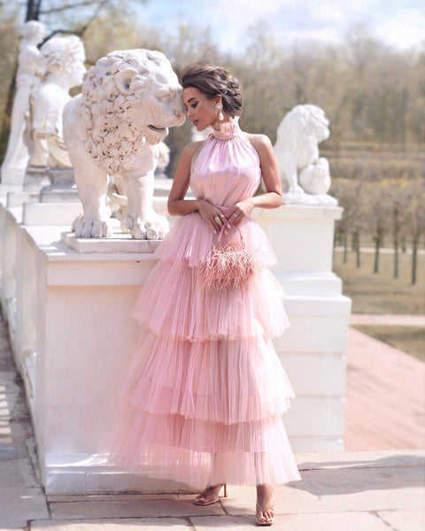 Cute Ball Gown High Neck Pink Tulle Te Length Prom Dresses VK23050510