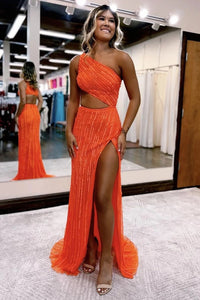 Mermaid One Shoulder Orange Cut Out Prom Dress with Split Front VK23101004