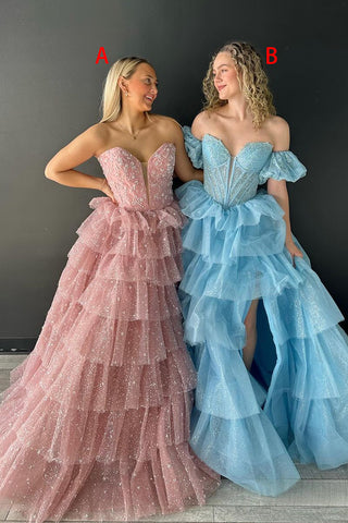 Blush Pink Strapless Tiered Tulle Long Prom Dresses with Beading VK24022801