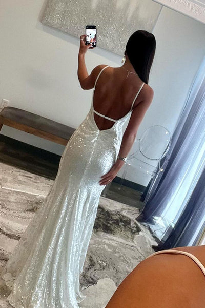 White V Neck Sequin Mermaid Long Prom Dresses with Appliques VK24010606