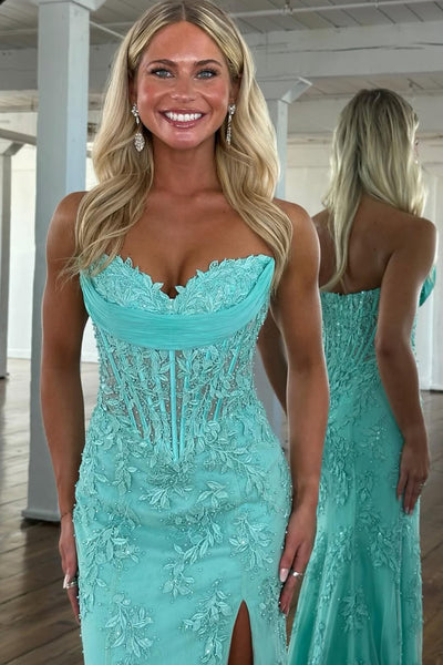 Mermaid Strapless Sweetheart Yellow Corset Appliques Long Prom Dresses with Slit VK26012904