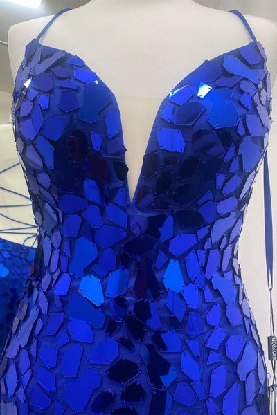 Cut Glass Mirror V-Neck Lace-Up Long Formal Dress with Slit VK23092608