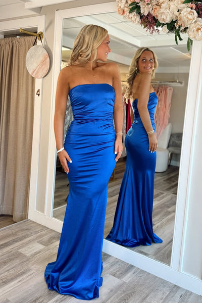Simple Mermaid Strapless Royal Blue Satin Long Prom Dresses VK26020703
