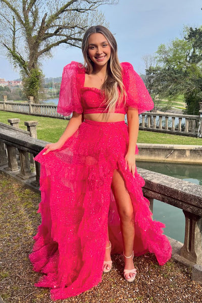 Fuchsia Two Piece Sweetehart Sparkly Tulle Long Prom Dresses with Slit VK24050904