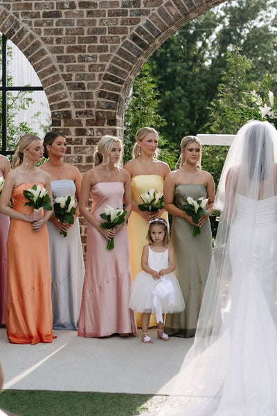 Romantic Sheath Strapless Colorful Silk Satin Long Bridesmaid Dresses VK24101302