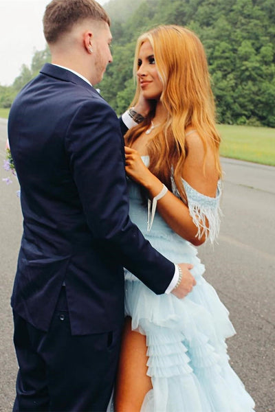 Blue Feather Cold-Shoulder Tiered Long Prom Dress with Ruffles VK23093006
