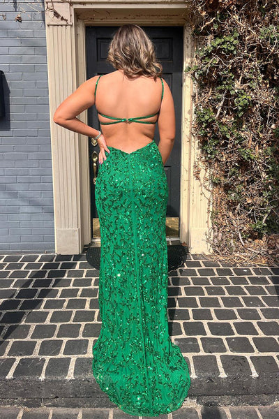 Green Sequin Lace Mermaid Long Prom Dresses with Slit VK24010505
