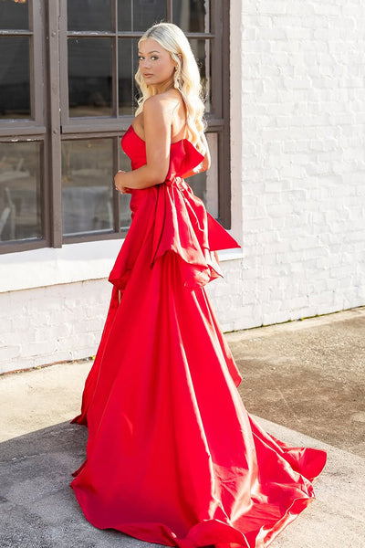 Mermaid Strapless Red Satin Long Prom Dresses with Bowknot VK25031105