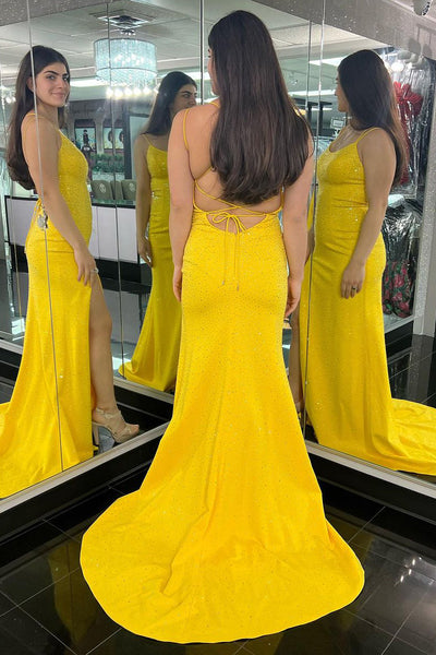 Yellow Beaded Scoop Neck Long Prom Dress with Slit VK23121103