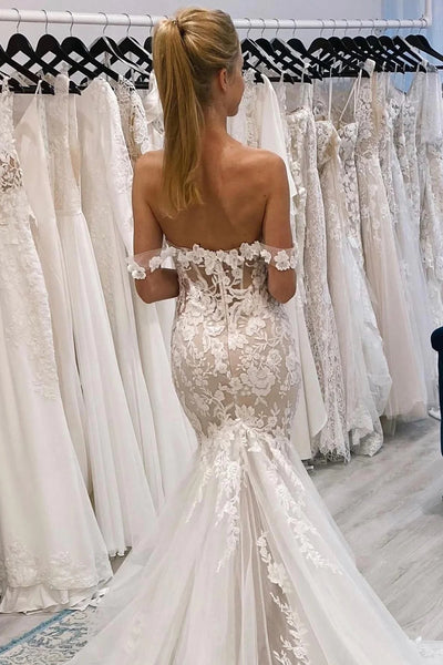 Ivory Off the Shoulder Long Lace Mermaid Wedding Dress VK23090104