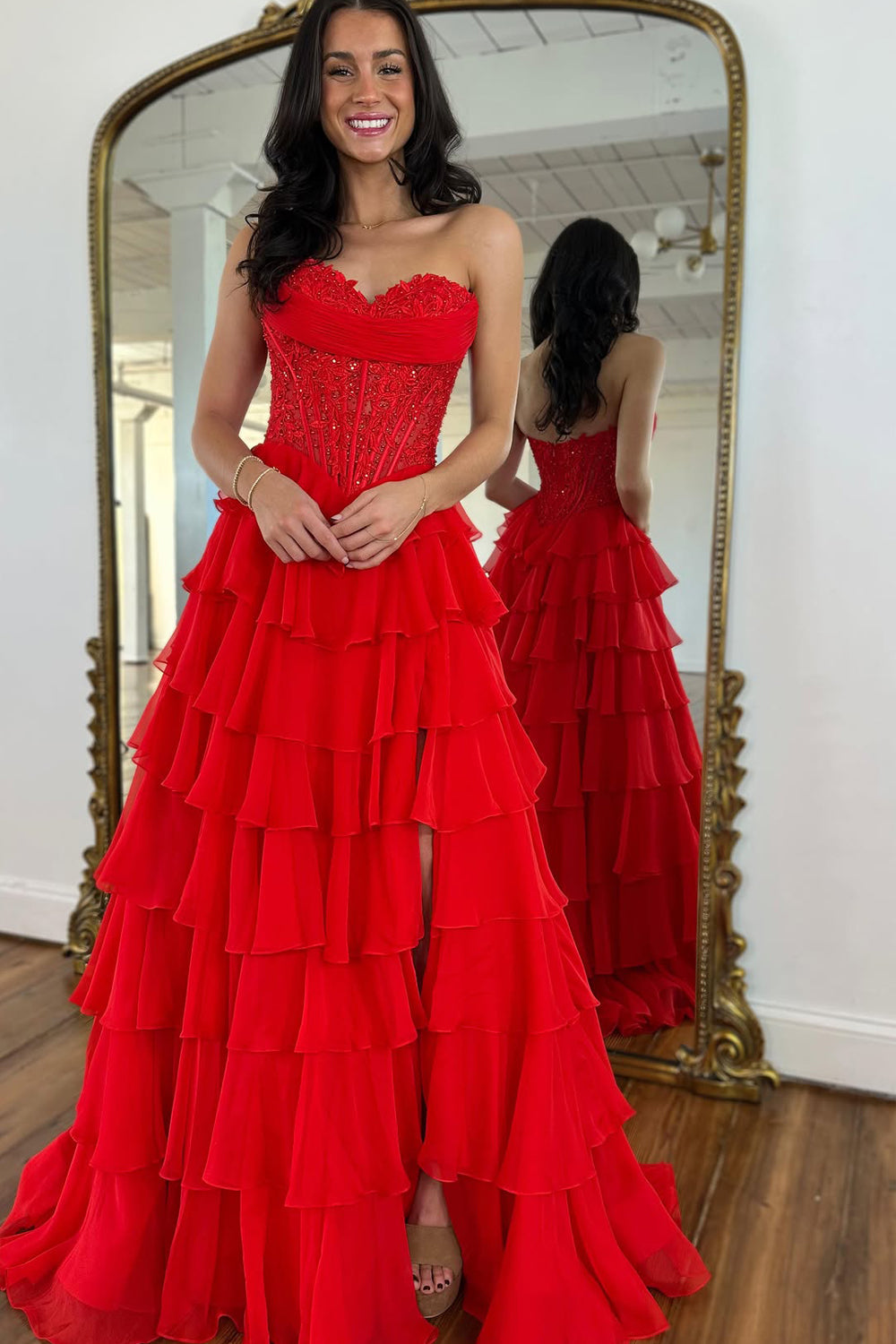 Gorgeous A Line Sweetheart Red Chiffon Tiered Prom Dress with Slit VK25100604