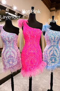 Unique Bodycon One Shoulder Hot Pink Sequins Lace Short Homecoming Dresses with Feather VK23081203