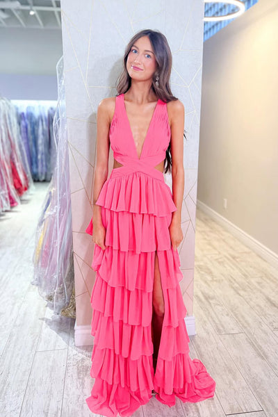 Charming A Line V Neck Black Chiffon Long Prom Dress with Slit VK26010104