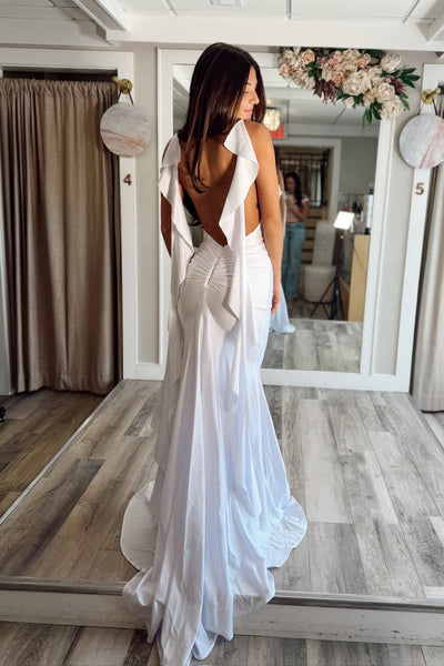 Mermaid V Neck White Satin Long Prom Dresses with Ruffle VK26030210